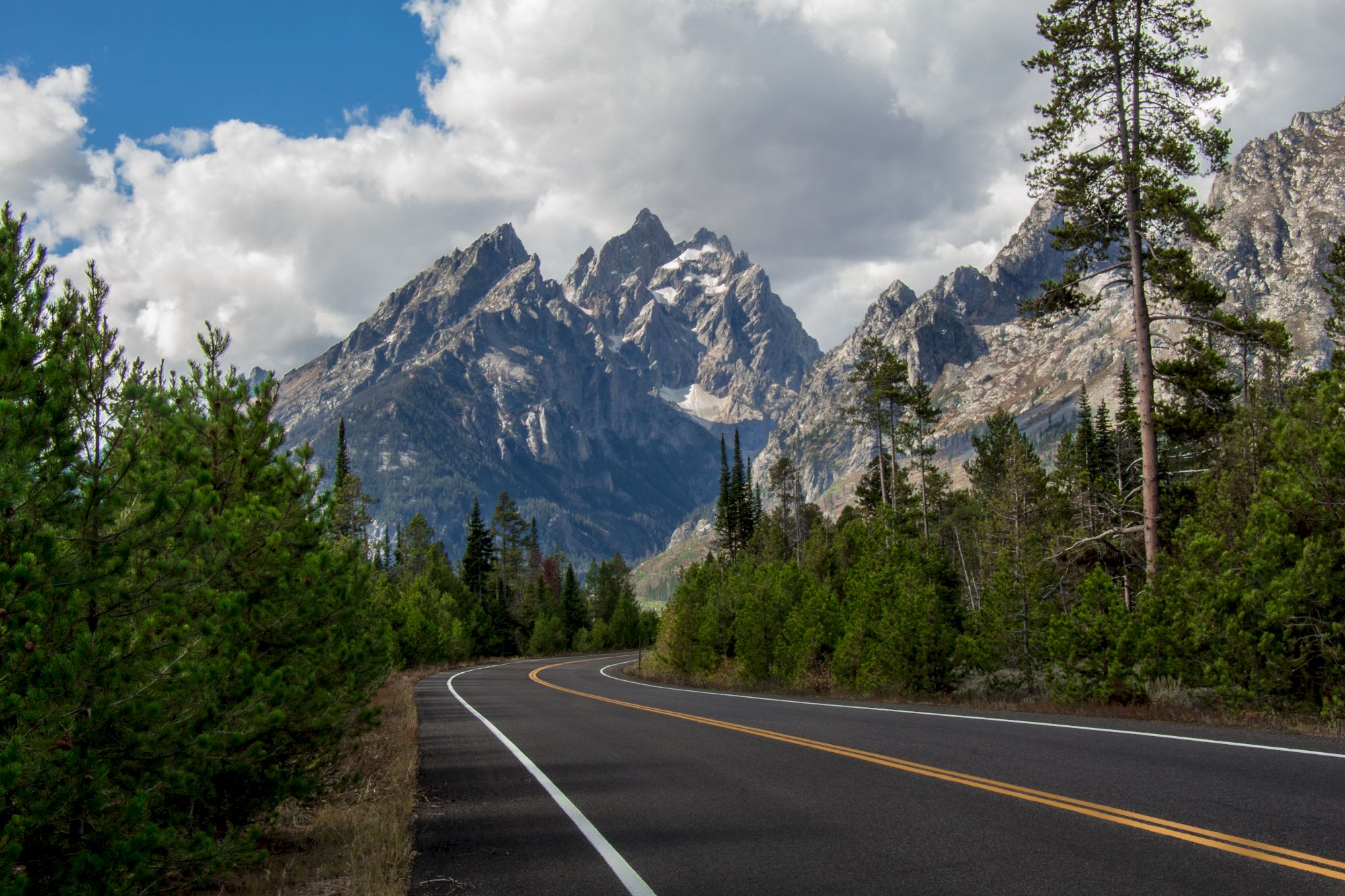 A scenic mountain range with peaked summits, a curving road lined by pine trees, and a partly cloudy sky in the background completes the scene.